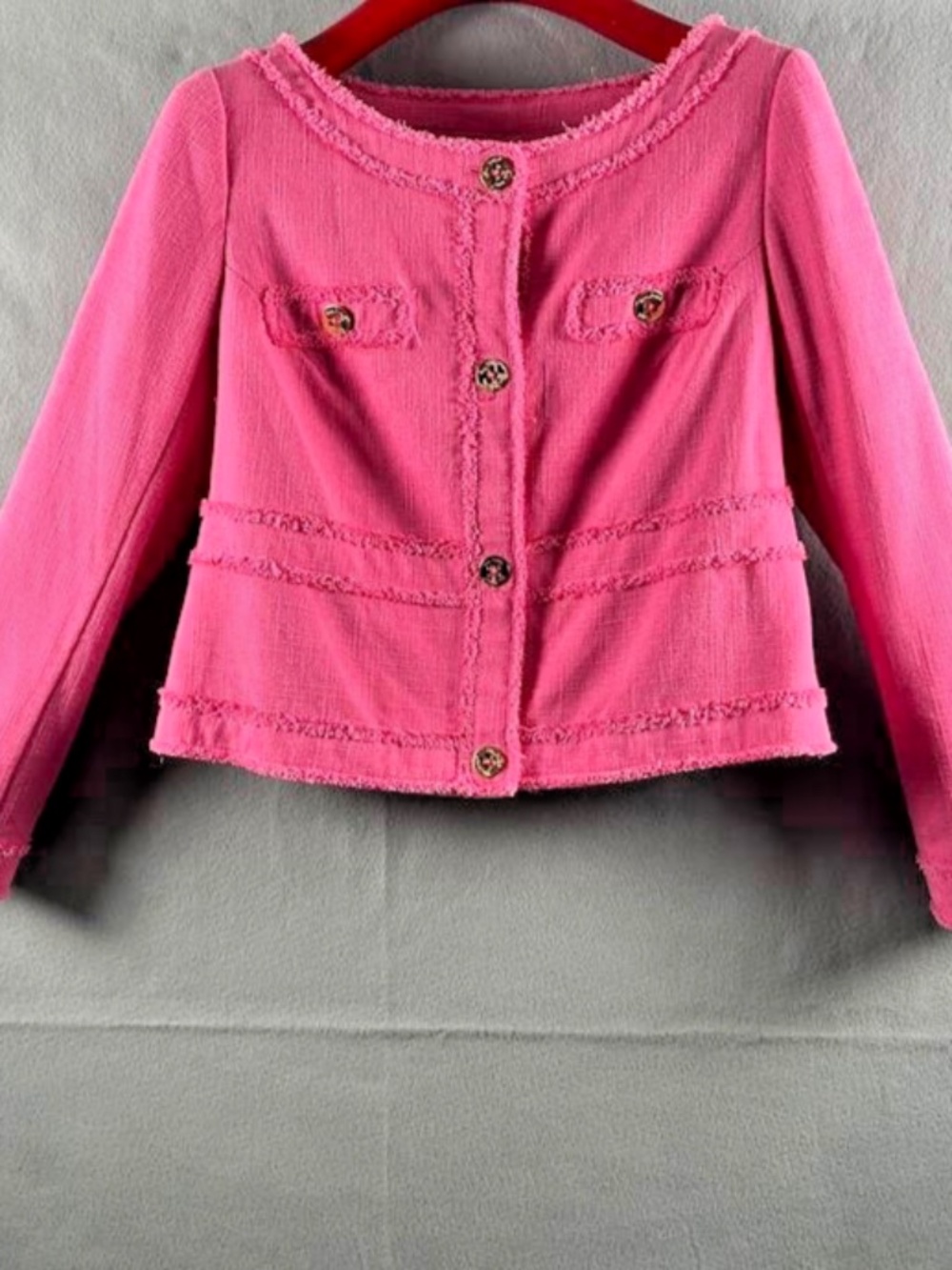 Lilly Pulitzer Millie Tweed Jacket Hot Pink Boucle Fringe Blazer Gold Button XL